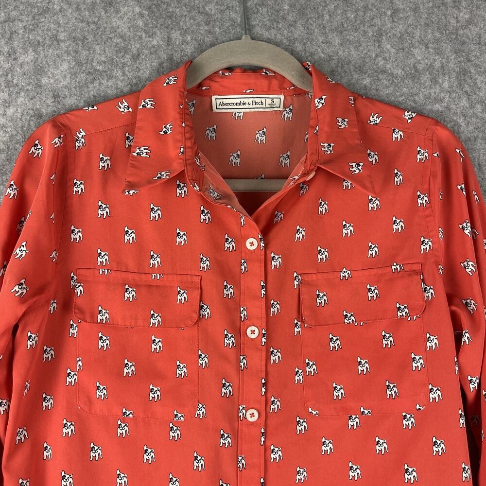 Abercrombie Fitch French Bulldog Top Womens Small Orange Button Up Blouse - Picture 2 of 14